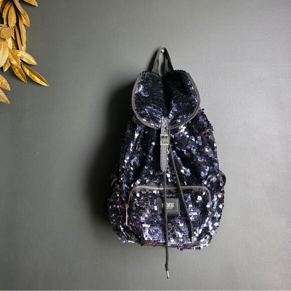Victoria's Secret Pink Sequin Backpack Midnight Blue Drawstring Buckle 16x16 - Picture 1 of 13